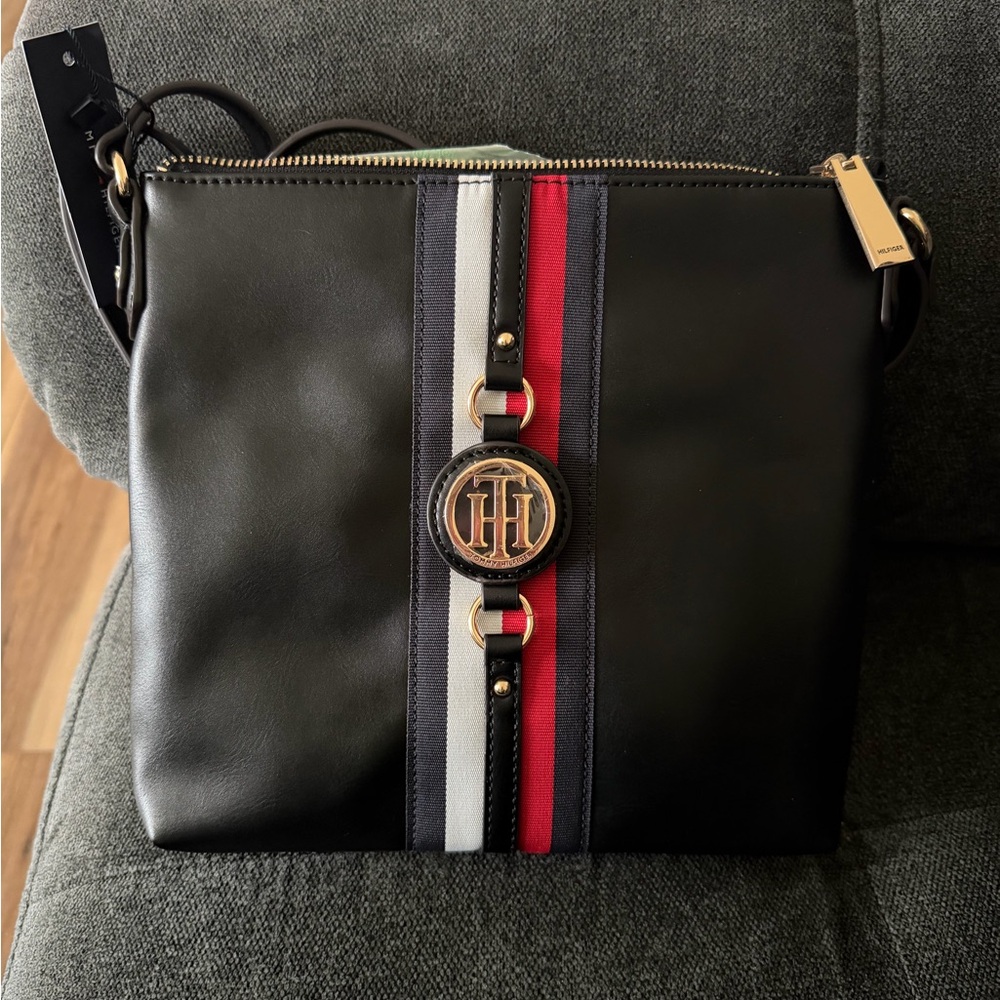 Tommy Hilfiger Black Crossbody Bag with Red and White Stripes